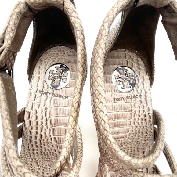 Tory Burch Taupe Reptile Embossed Leather Strappy Cork Wedge Sandals Size 10.5 - Picture 13 of 16